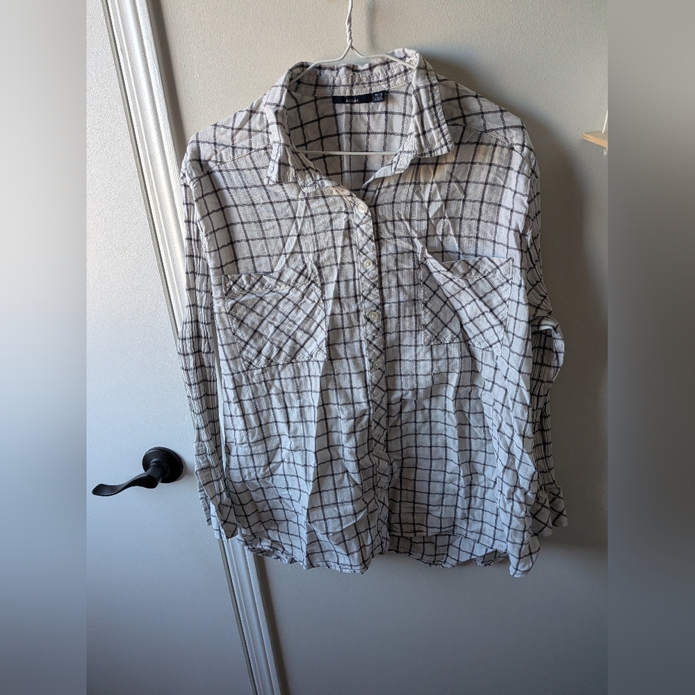 Kiabi Classic 100% Cotton White Button-Down Shirt with Black Grid Pattern